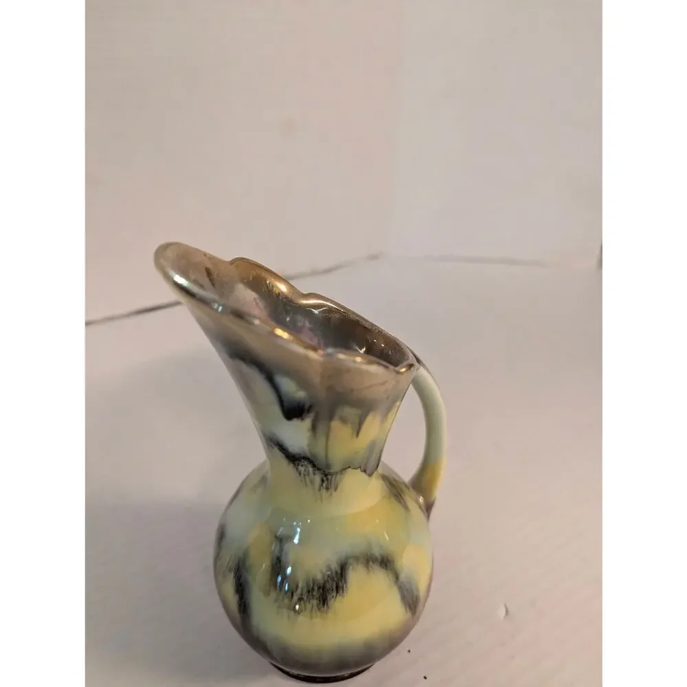 Vintage Art Deco Majolica Pitcher Ewer Vase Yellow Brown Drip Glaze 7" - Picture 5 of 12
